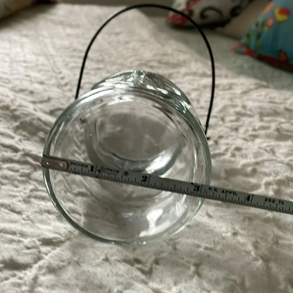 Clear Glass Jar 3D Star on Front. Black Metal Handle. Patio decor. Candle holder
